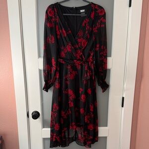 DKNY Black Dress with Red Floral Print and Wrap Waist